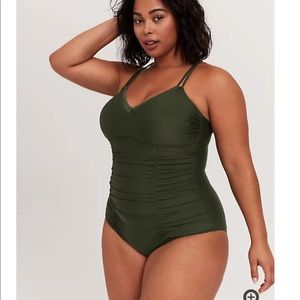 OLIVE GREEN WIRELESS RUCHED ONE-PIECE SWIMSUIT